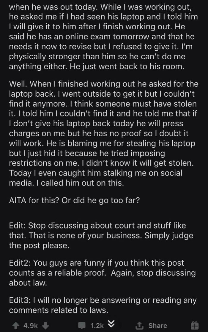 A Reddit post about an entitled man demanding his laptop, showing infuriating stories of entitled men ignoring boundaries.