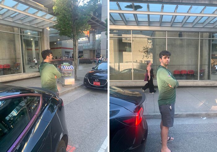 An infuriating story of an entitled man who has parked his car blocking the sidewalk and is standing with his arms crossed, showing a disregard for boundaries.