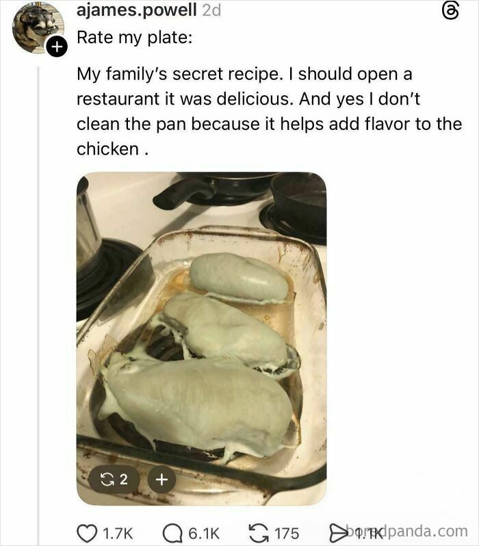 Social media post showing unappetizing chicken in a pan, with a funny and unpredictable sentence about a family recipe.
