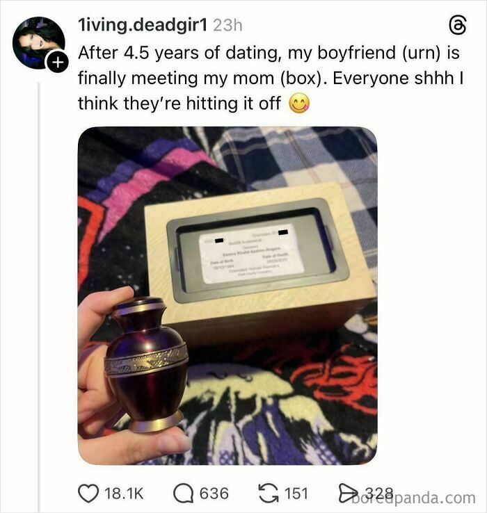 Social media post showing an urn and a box, captioned with a funny and unpredictable sentence about meeting parents.