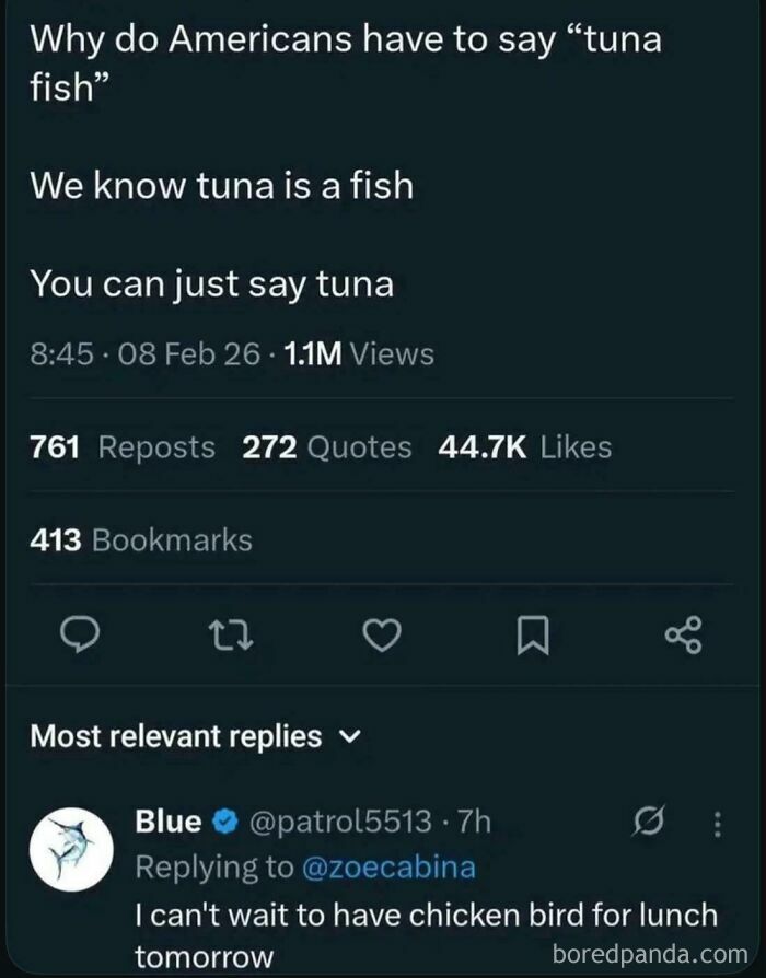 A tweet and reply discussing why Americans say 'tuna fish,' highlighting Funny and Unpredictable Sentences.