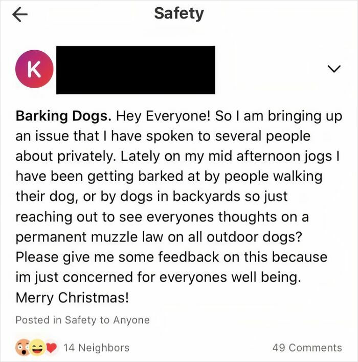 A screenshot of a social media post about barking dogs and entitled men, proposing a permanent muzzle law for outdoor dogs.