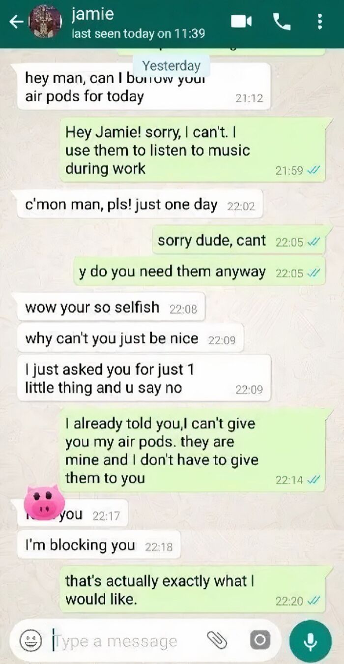 A screenshot of a text message conversation about entitled men, where one person asks to borrow Air Pods and gets denied.