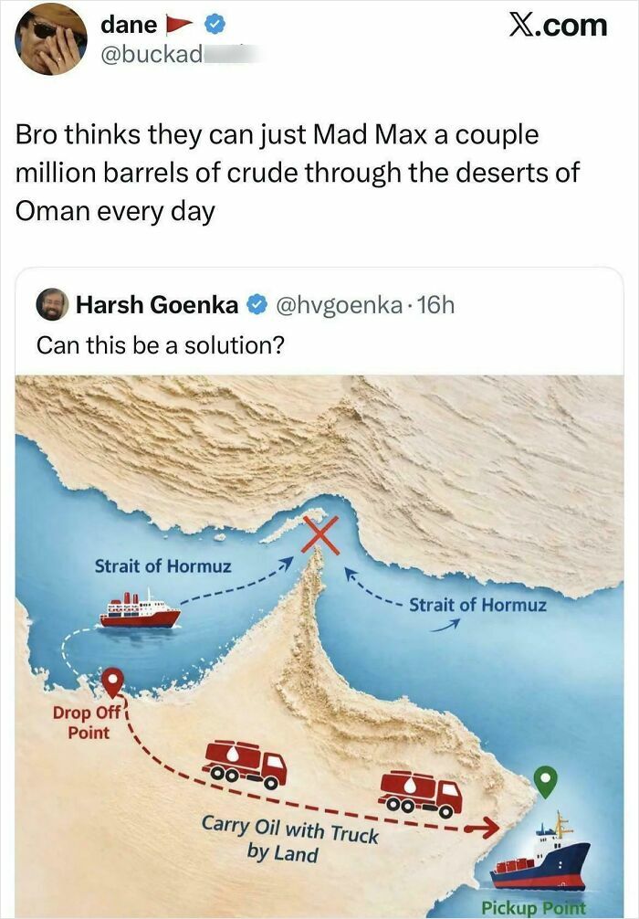 Screenshot of a funny and unpredictable sentence about the Strait of Hormuz and a map showing oil transport.