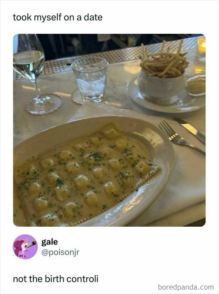 Screenshot of a funny and unpredictable sentence from a user named gale, showing ravioli and fries from a date.