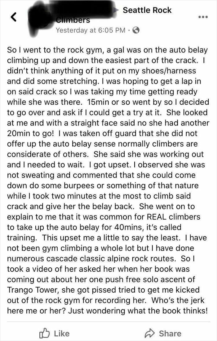 A screenshot of a social media post from a Seattle Rock climbers group about entitled men and a frustrating rock climbing encounter.