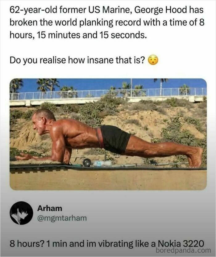 A funny image of a man planking for a world record, with a humorous caption, an unpredictable sentence.