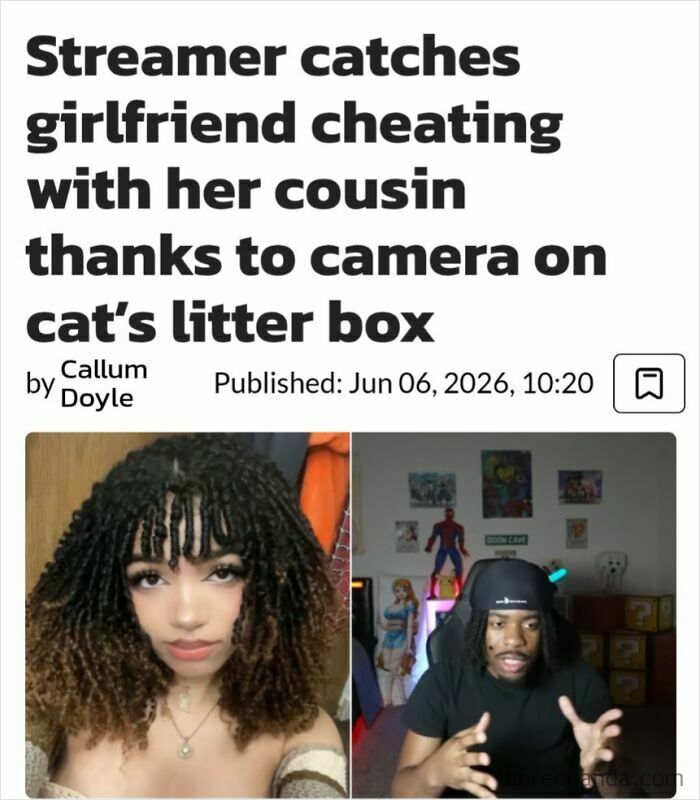 Funny and unpredictable sentences: A news article title about a streamer catching his girlfriend cheating via a cat's litter box camera.
