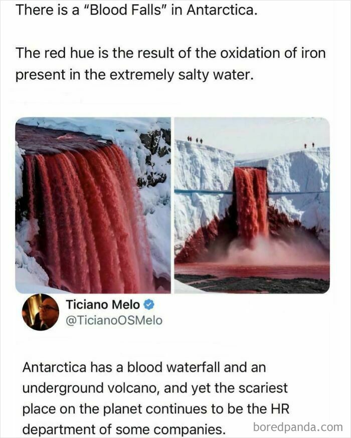 An image with two pictures of the Blood Falls in Antarctica, a stunning, unpredictable natural phenomenon.
