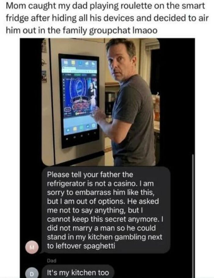 A screenshot of a family group chat about a dad playing roulette on a smart fridge, a funny unpredictable sentence.