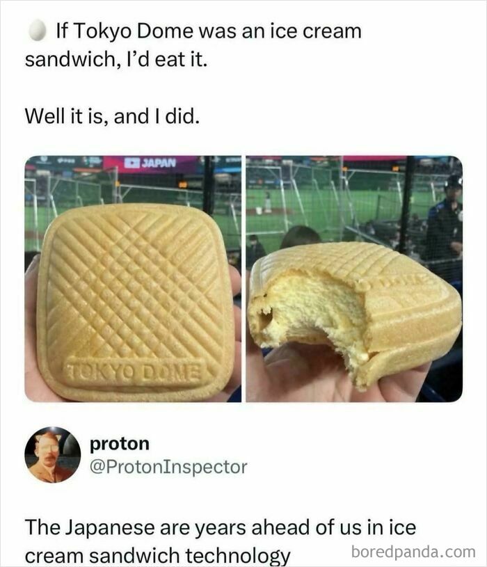 Screenshot of a funny and unpredictable sentence about a Tokyo Dome ice cream sandwich, with a picture of it bitten.
