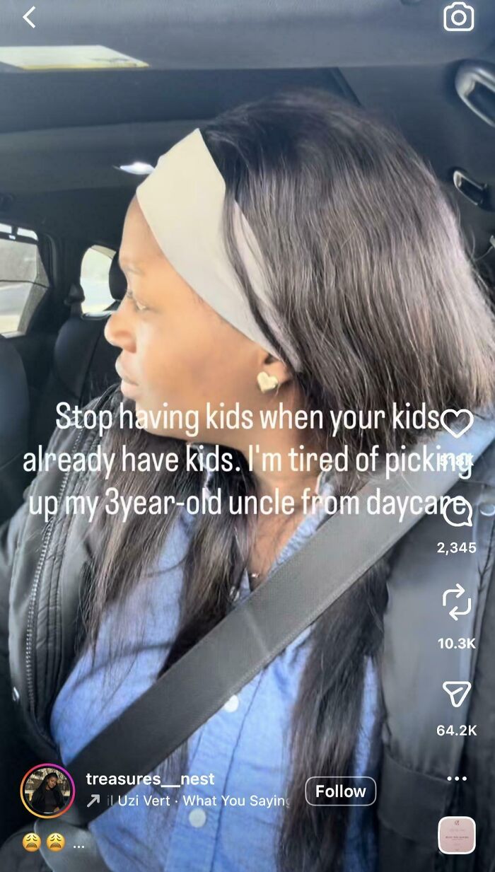 Screenshot of a woman and a funny and unpredictable sentence about picking up her 3-year-old uncle from daycare.