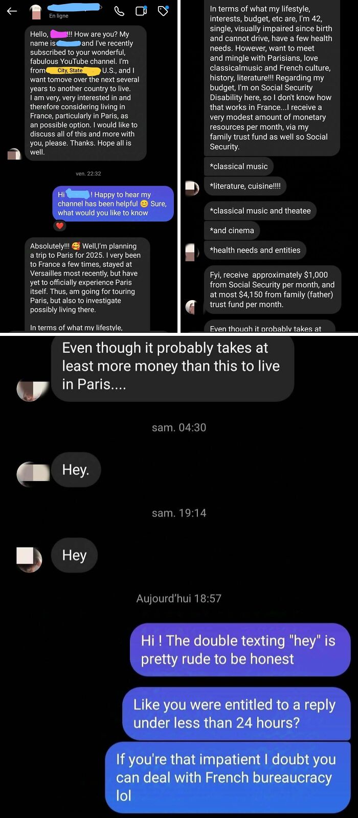 A series of infuriating messages from an entitled man showing a lack of boundaries and demands in conversation.