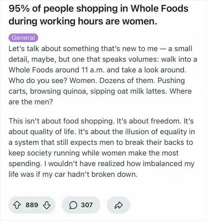 An article discussing gender disparity in shopping habits. This is one of many infuriating stories of entitled men.