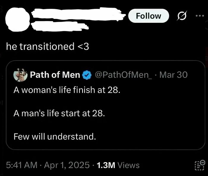 Screenshot of a tweet with text about entitled men: A woman's life finish at 28. A man's life start at 28. Few will understand.