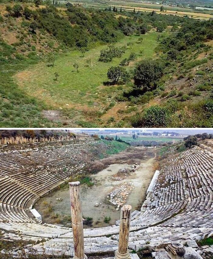 Before and after photos showing an overgrown valley transforming into an excavated ancient amphitheater, depicting how things change.