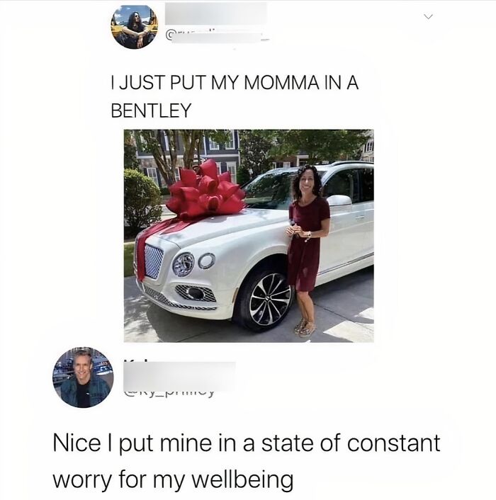 A blursed meme of a woman next to a Bentley with a red bow, and a comment about constant worry.