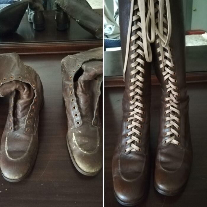 A before-and-after photo shows a pair of brown leather boots, first worn and unlaced, then restored with new laces and polished.