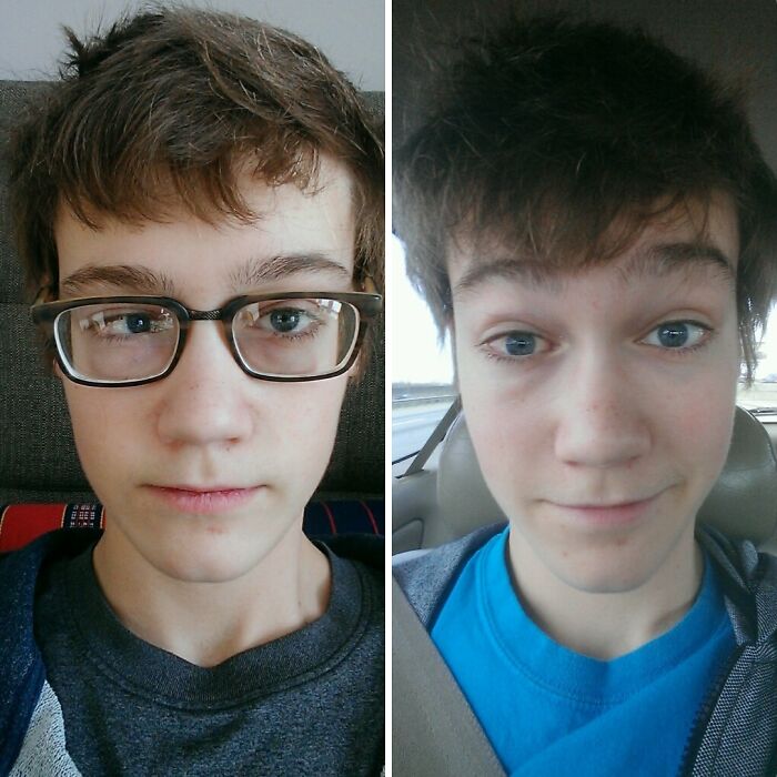 Before-and-after photo of a young man, showing how much his appearance can change, highlighting subtle transformations.