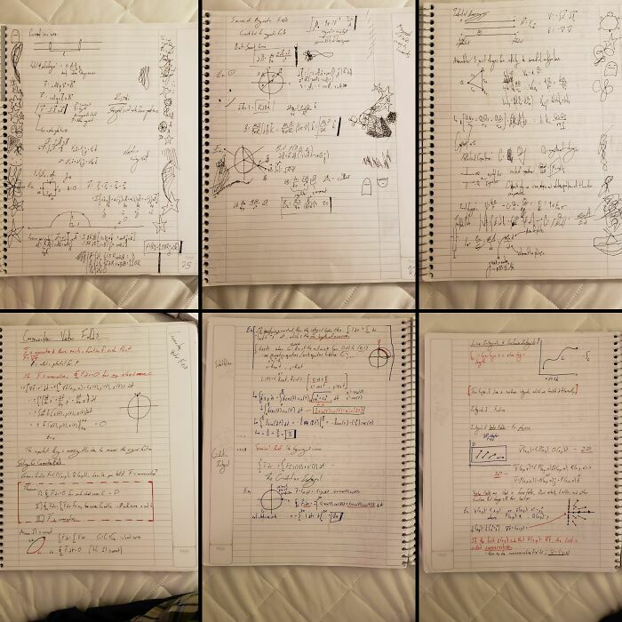 Before-and-after photos showing college notebooks with doodles at the start and only math problems at the end.