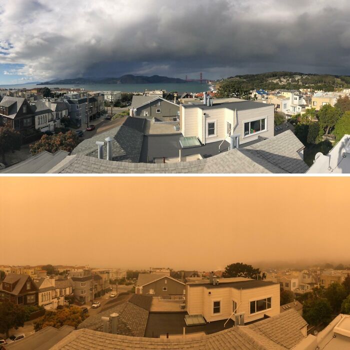 Before-and-after photos of a city skyline, showing how much things can change from a clear day to an orange, smoky sky.