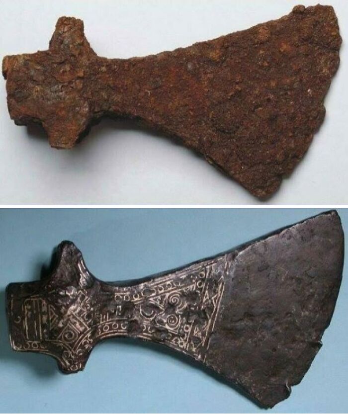 Before and after photo of an ancient rusty axe next to a restored one, showing how much things can change.