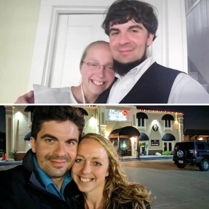 A before-and-after photo shows a couple, first with the man having a long beard, then both looking more modern and polished.