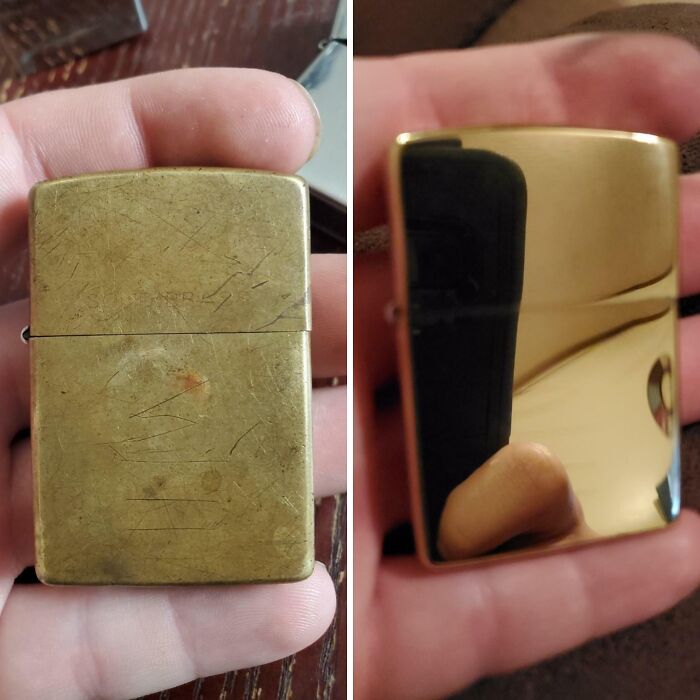 Before-and-after photo of a brass lighter, showcasing changes from tarnished to polished.