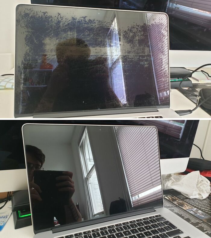 Before-and-after photo of a laptop screen, showing a heavily scratched, dull screen on top and a clean, reflective screen below, highlighting change.