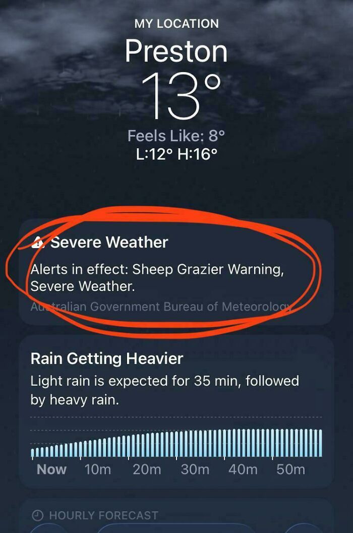 A weather app showing severe weather alerts, including a Sheep Grazier Warning, in Preston. An Aussie would fully understand these interesting posts.