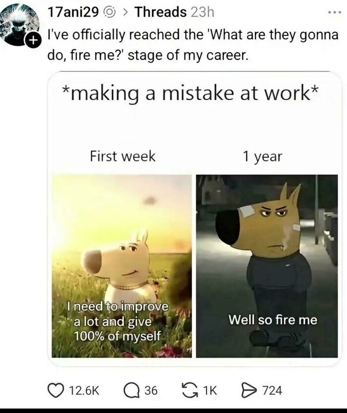 A meme showing a dog's attitude to making mistakes at work, evolving from improvement to 'fire me,' illustrating recruiting hell.