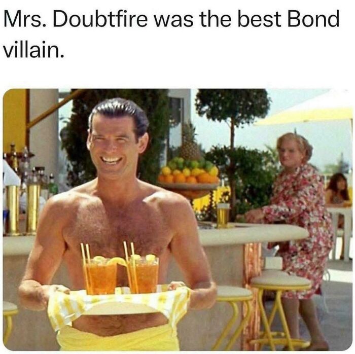 A 90s meme with Pierce Brosnan carrying drinks and Mrs. Doubtfire in the background.