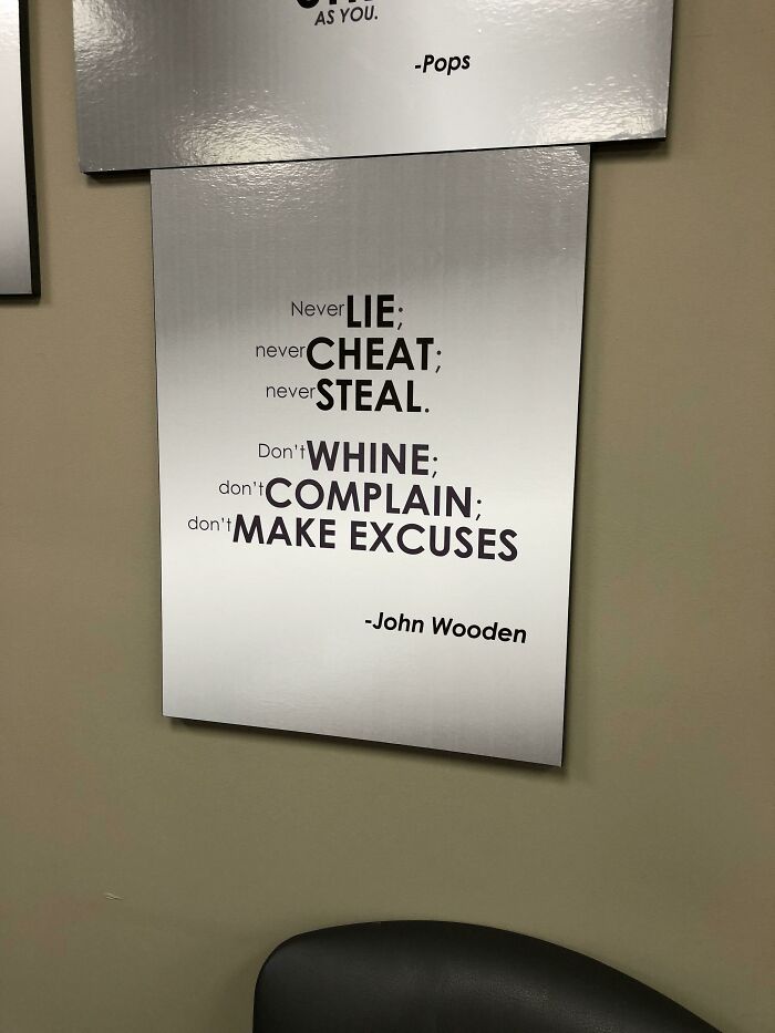A motivational poster with words like LIE, CHEAT, STEAL, WHINE, COMPLAIN, MAKE EXCUSES highlighted, showing a design fail.