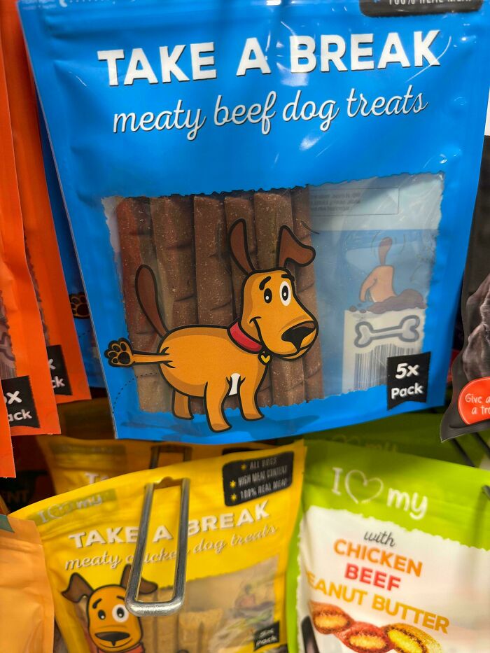 A package of dog treats, the image of a dog on it has been poorly placed, looking like a design fail.