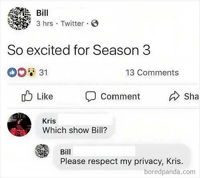 A screenshot of a Twitter conversation where an old person excitedly posts about a show, then asks for privacy.