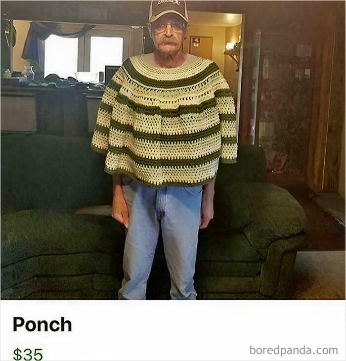 A senior man poses in a crocheted poncho, showcasing clueless old people online moments.