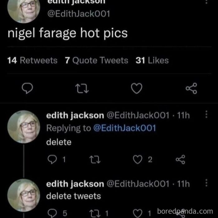 A screenshot of old people's clueless selves online, with a user tweeting and then trying to delete a search for 'nigel farage hot pics'.
