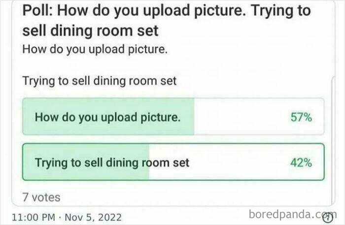 A screenshot of a poll asking how to upload a picture, created by old people, showing their clueless selves online.