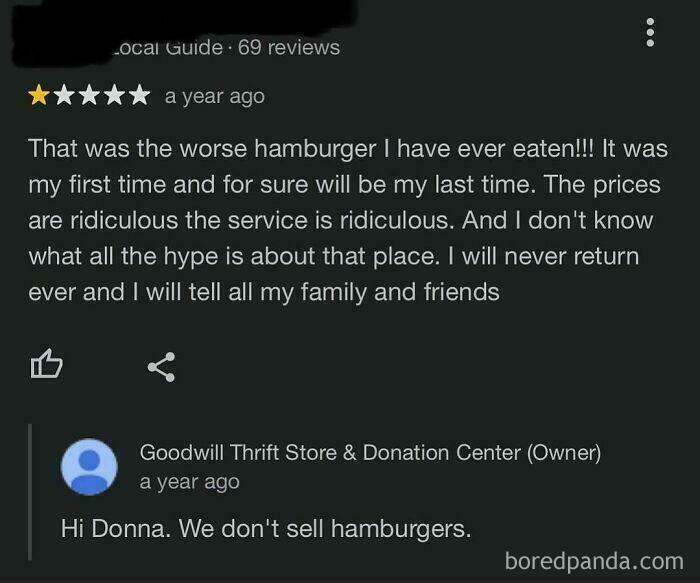 A screenshot of a Google review where an old person complains about a hamburger at a thrift store, showing clueless old people online.
