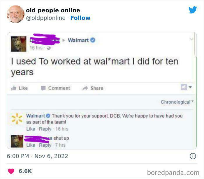 A screenshot of an old person being clueless online, with a grammatical error in a post about Walmart.