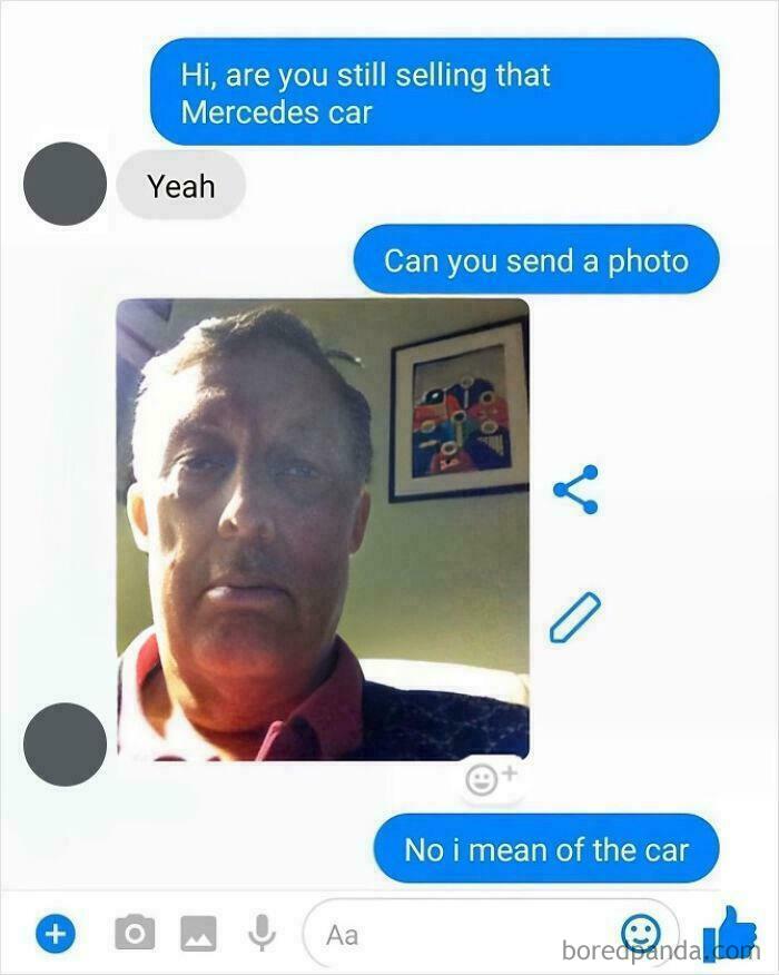 A chat screenshot where an old person sends a selfie instead of a photo of a Mercedes car, illustrating old people online.
