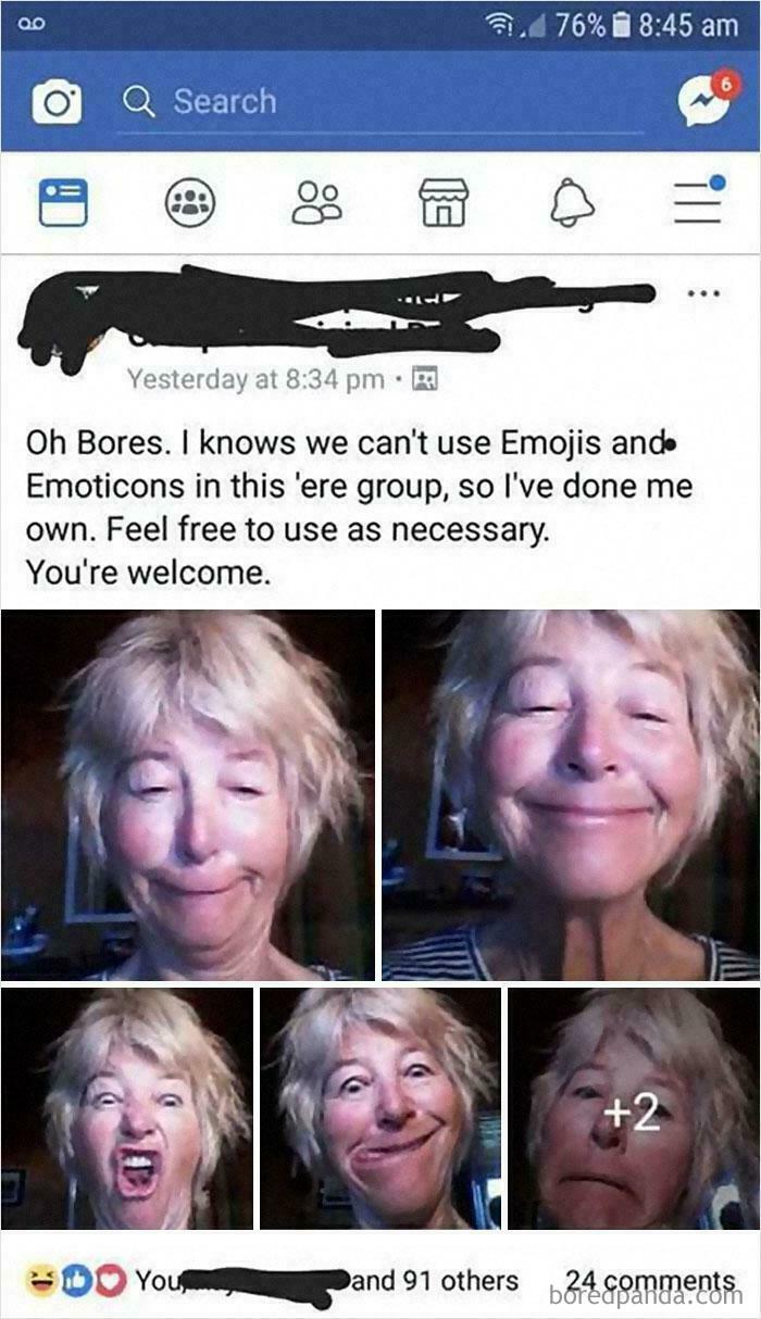 A collage of an old person's funny selfies, demonstrating clueless old people online trying to make emojis.