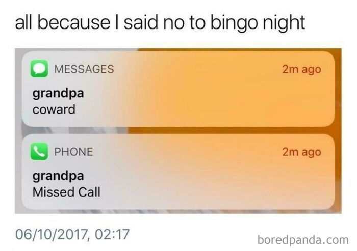 A screenshot of old people being their clueless selves online, showing texts from 'grandpa' calling someone a 'coward' for refusing bingo night.