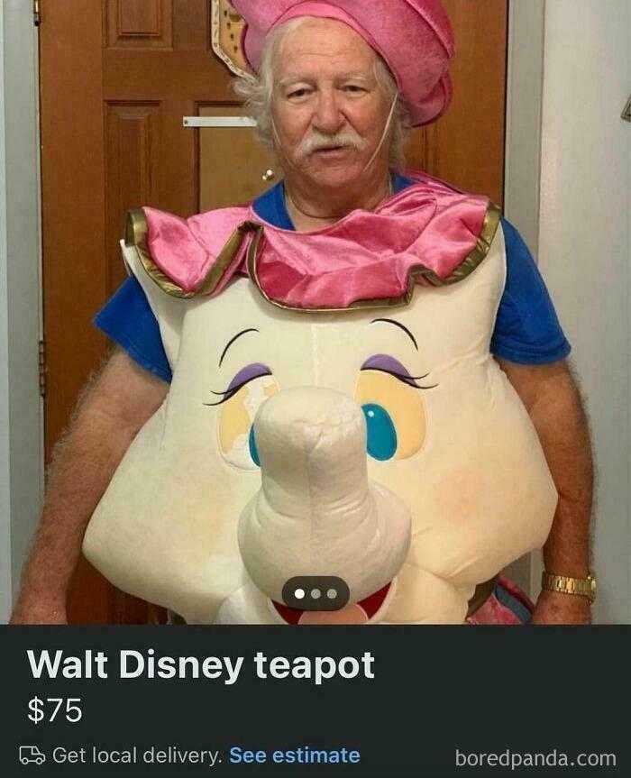 An old man in a pink Dumbo costume listed online, showcasing old people being clueless.