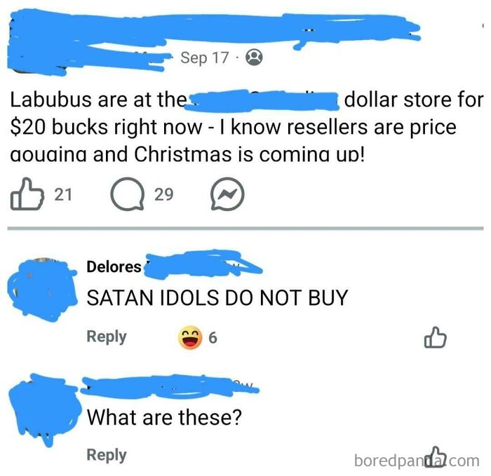 A social media screenshot showing old people being clueless online, with a comment saying SATAN IDOLS DO NOT BUY on a post about Labubus at a dollar store.