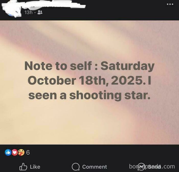 A social media post where an old person shares a note to self about seeing a shooting star on October 18th, 2025, showing clueless old people online.