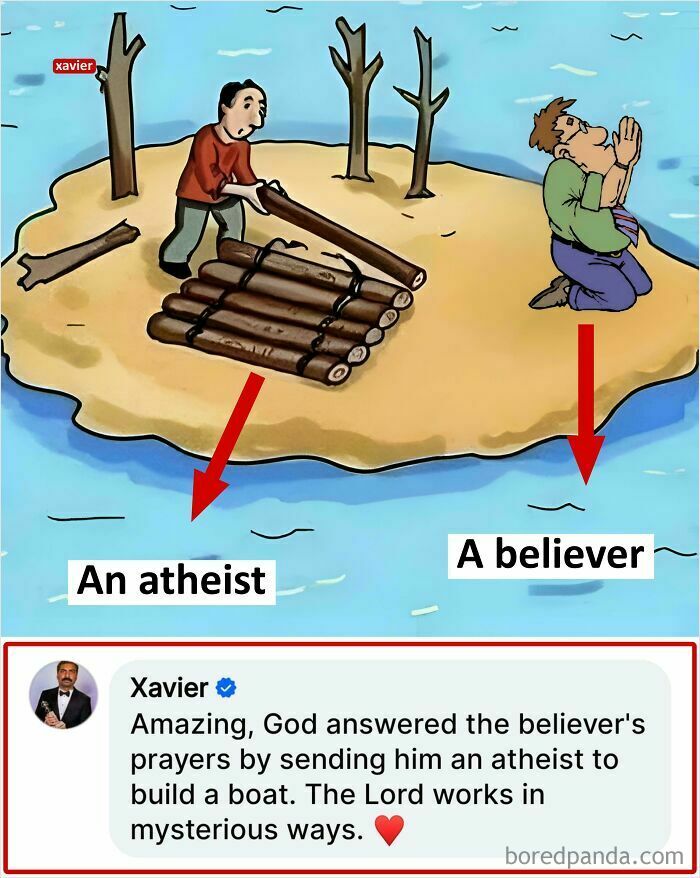Xavier's perfect savage response about an atheist building a boat, showcasing the internet's nonsense.