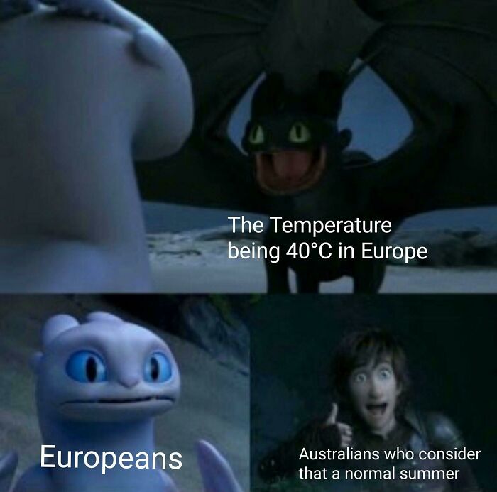 Funny meme comparing European and Australian reactions to summer heat.