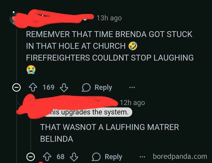A Reddit comment about Brenda getting stuck at church, showing old people being clueless online.