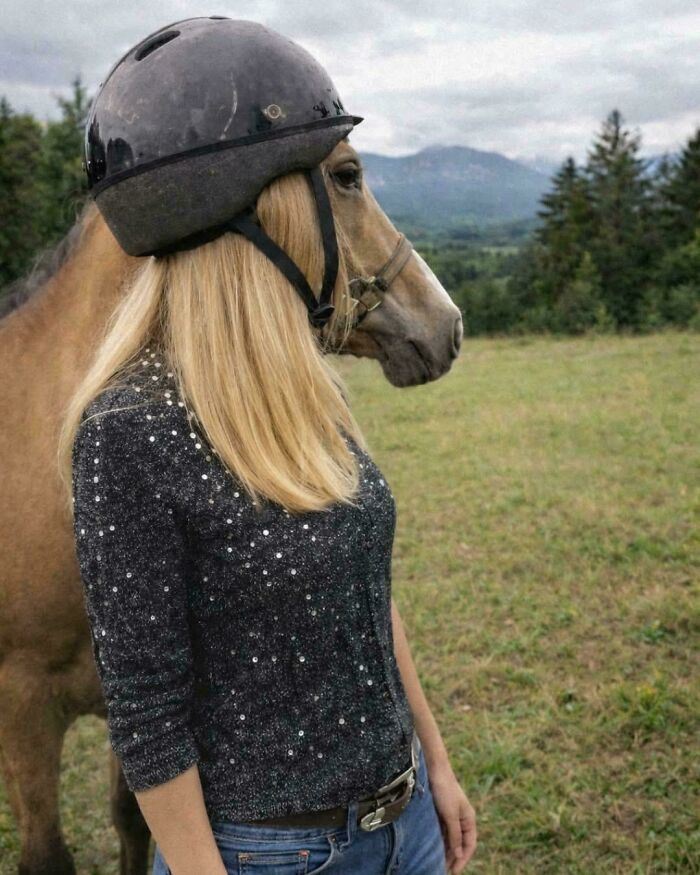 A woman with blonde hair, standing next to a horse, creating an optical illusion where she appears to wear a helmet.